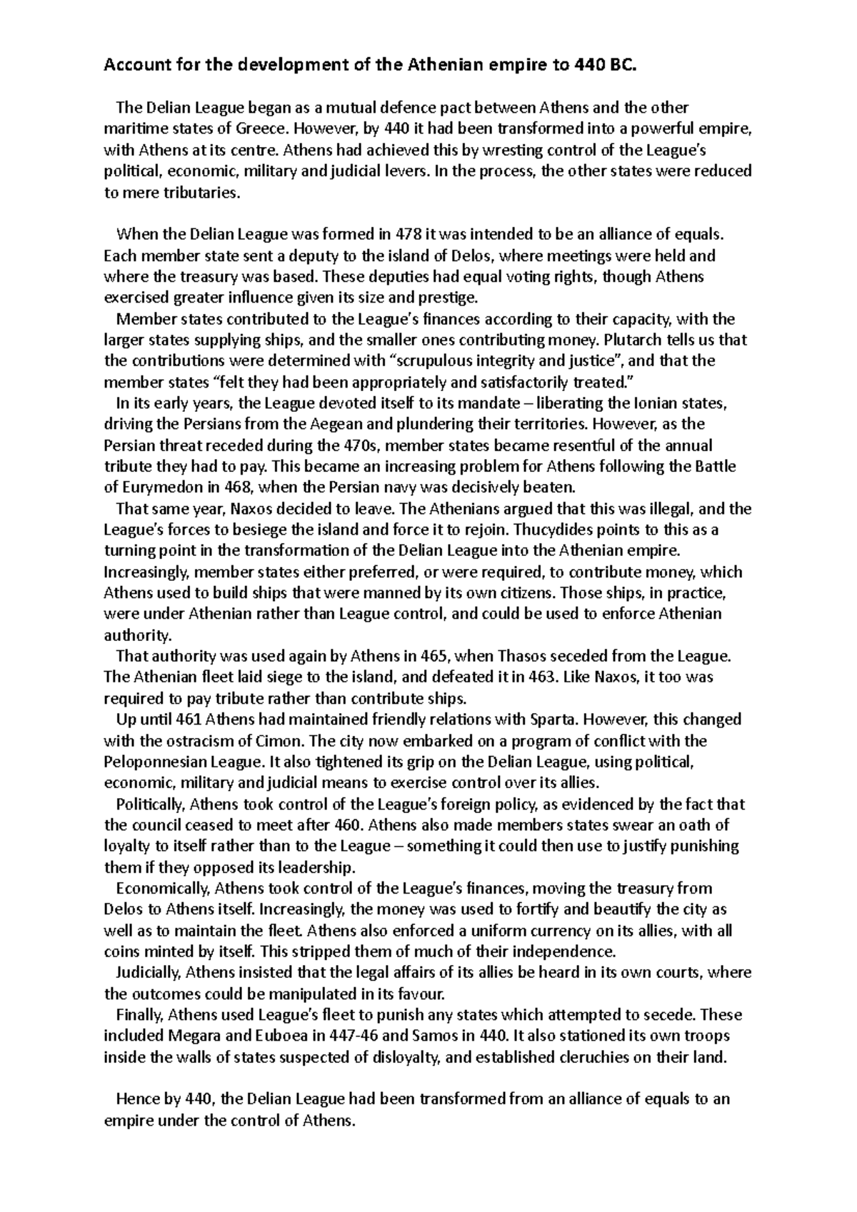 Account for the development of the Athenian empire to 440 BC - essay ...