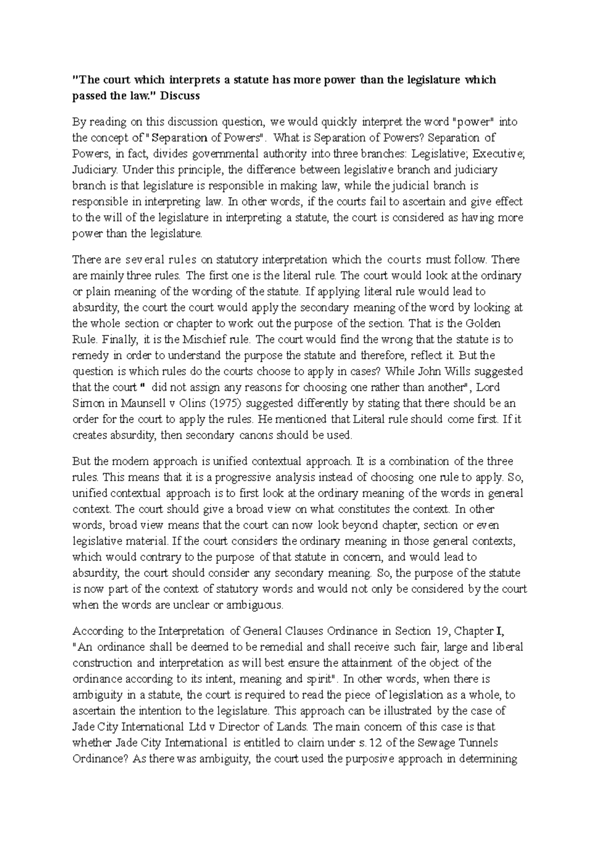 Essay Sample Answer Guide "The court which interprets a statute has