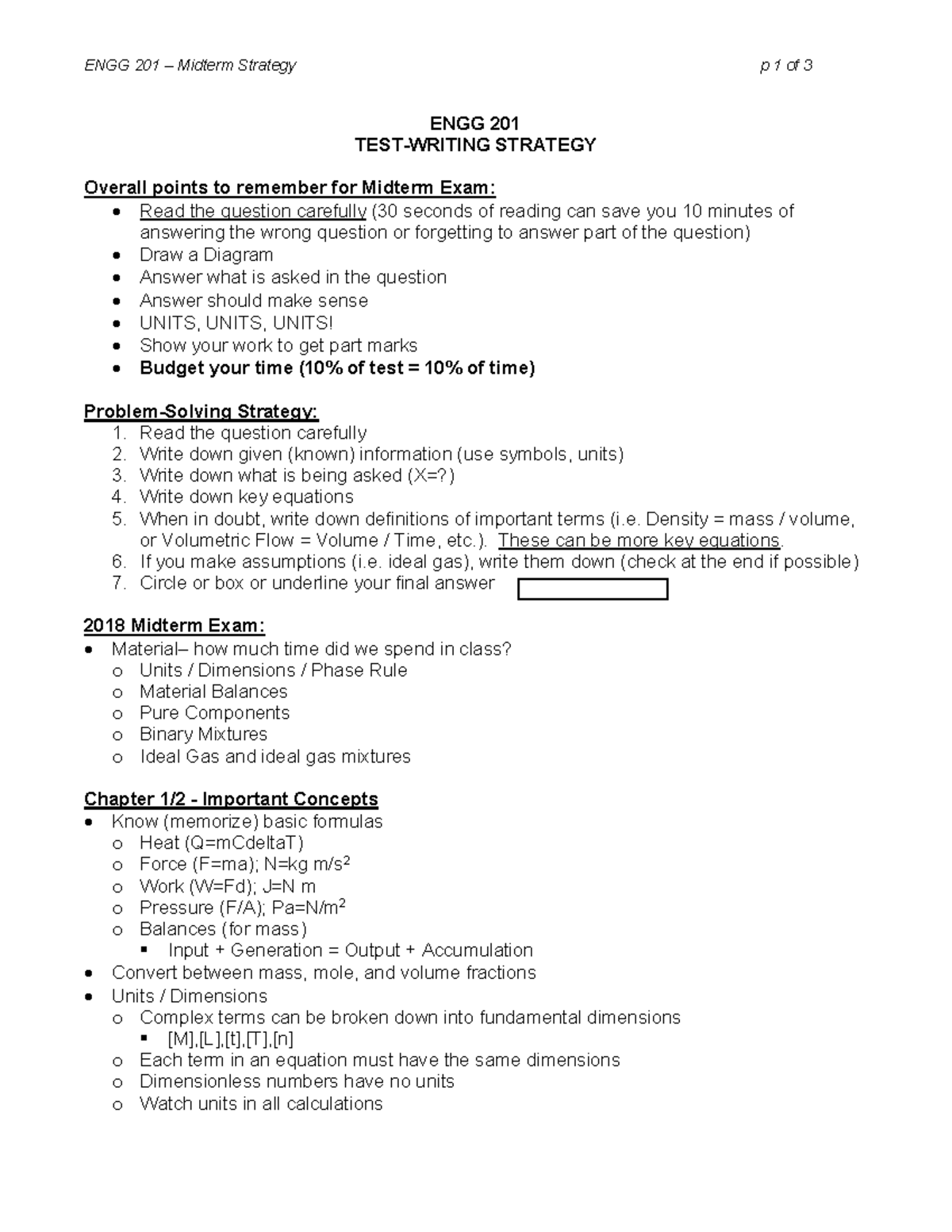 ENGG 201 MT1 Review W2018 v2 - ENGG 201 – Midterm Strategy p 1 of 3 ...