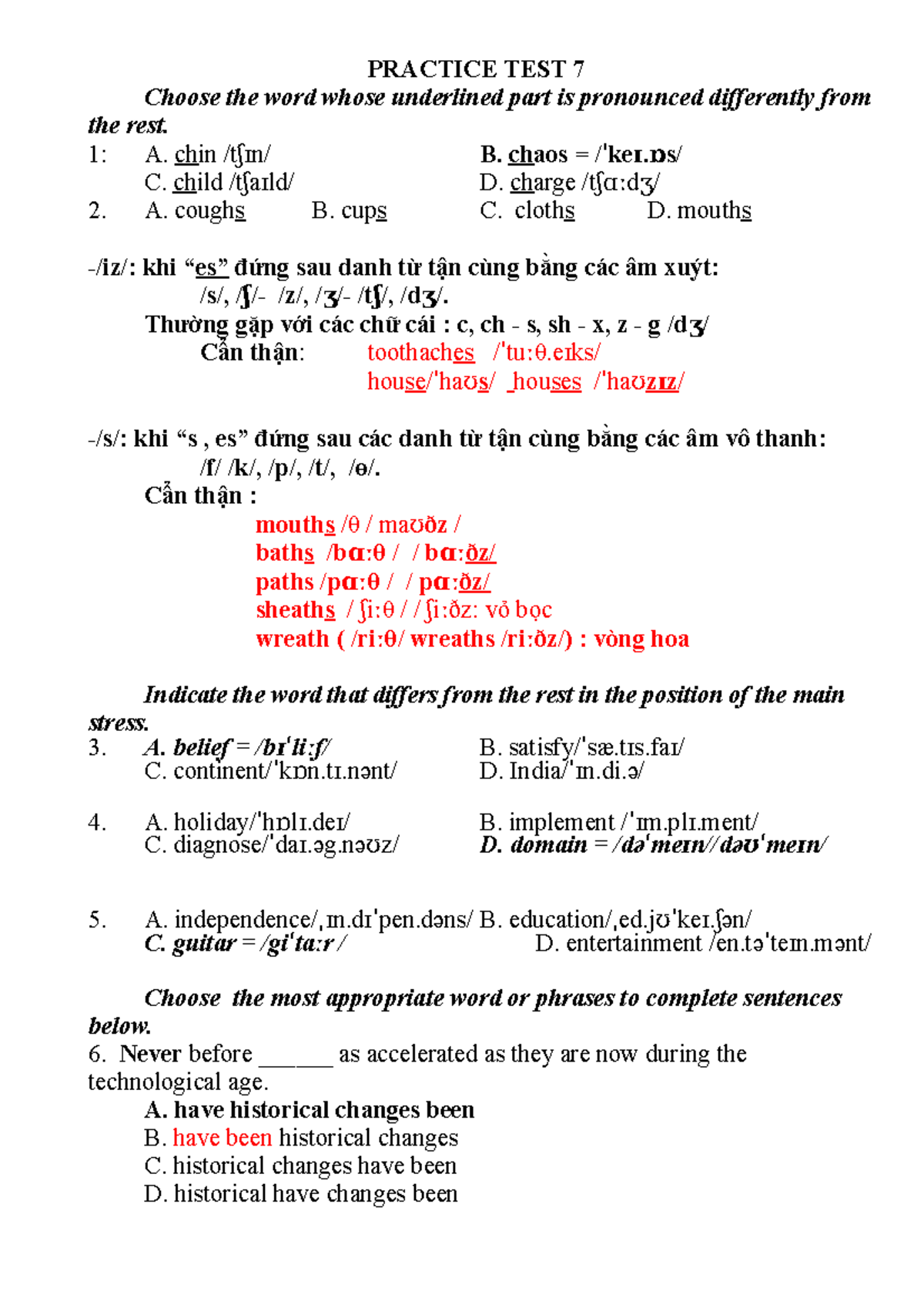 T7 - Tiếng Anh - PRACTICE TEST 7 Choose The Word Whose Underlined Part ...