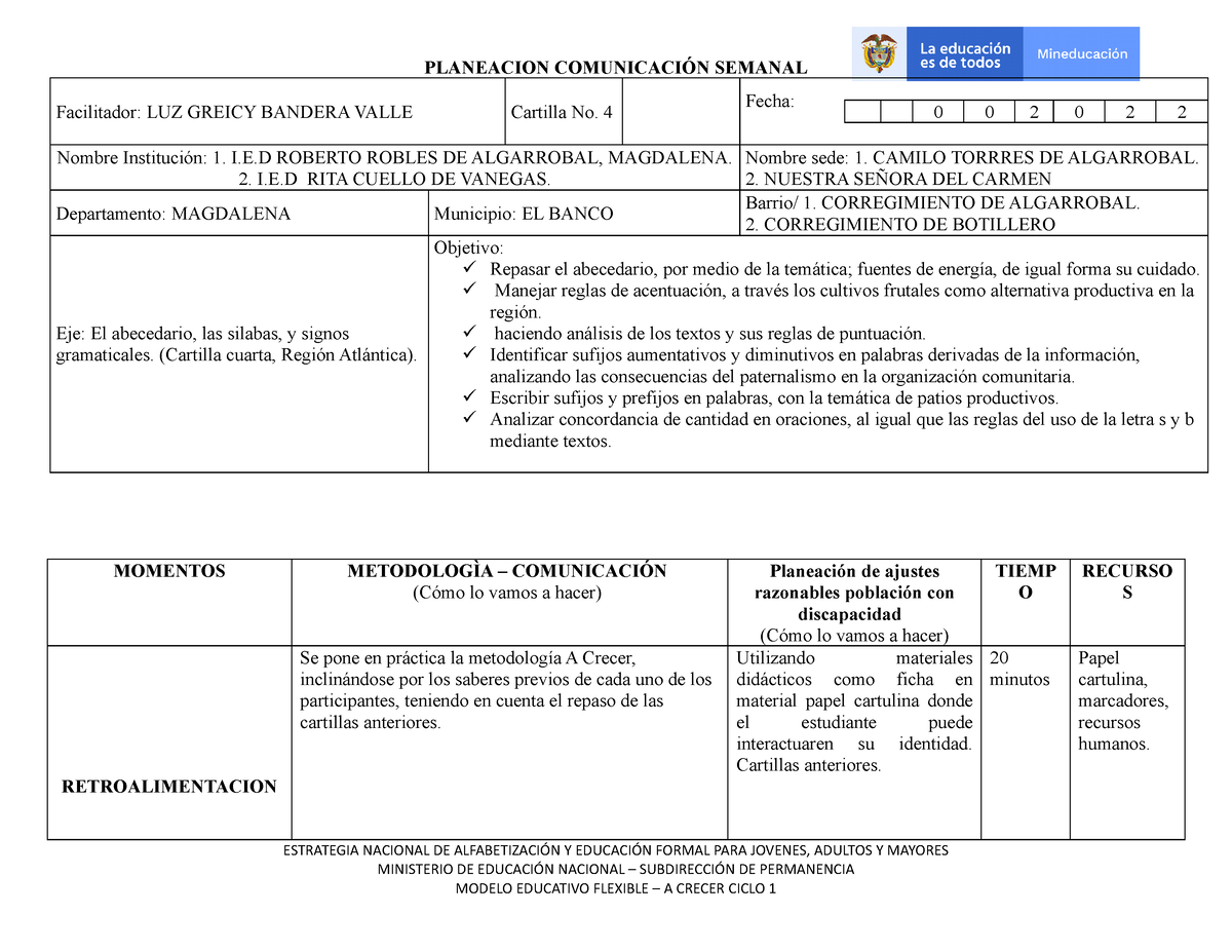 Planeacion Semanal 4-LUZ Bandera-2 - PLANEACION COMUNICACIÓN SEMANAL ...