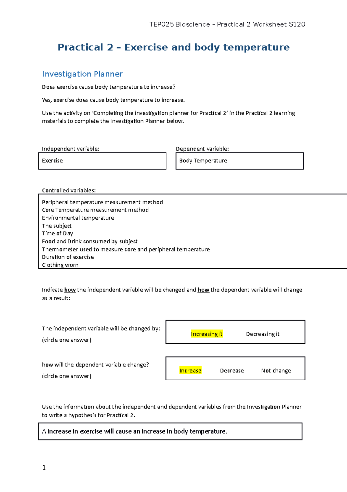 Prac2 Worksheet S220 Bioscience Practical 2 Exercise and body temperature Investigation