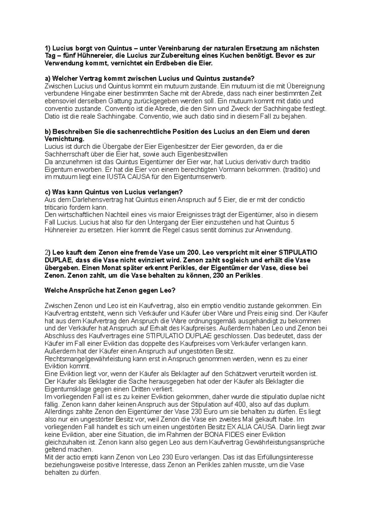 Übungsfälle Lösungen Schuldrecht 1) Lucius von Quintus unter