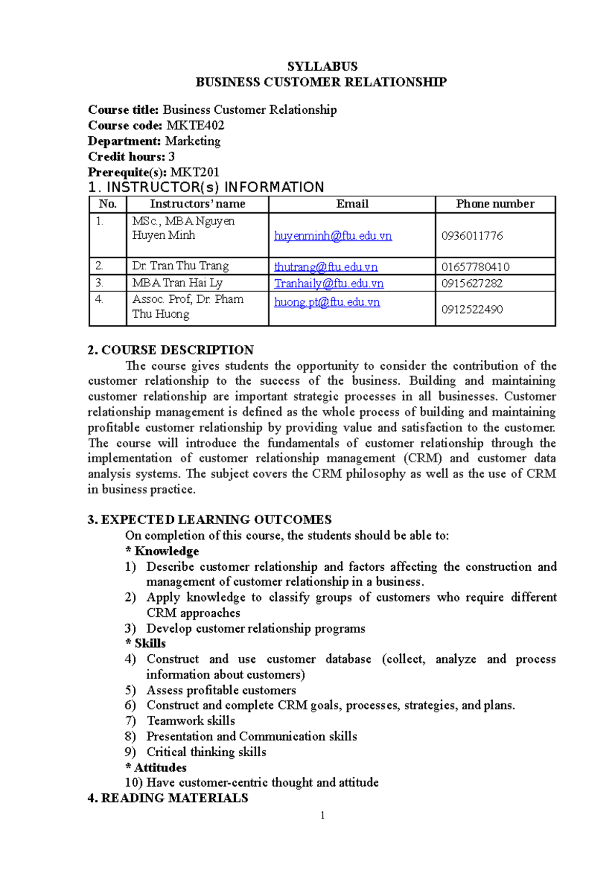 Customer Relationship Management Course Syllabus