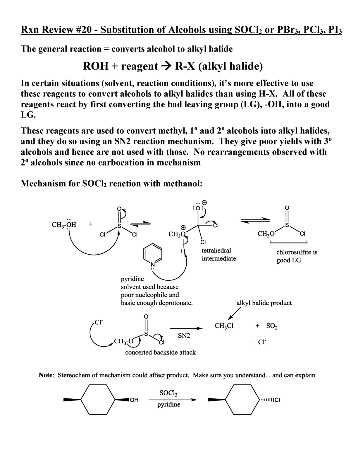 Reaction Review Substitution Of Alcohols Using Socl2 Pcl3 Pbr3 Studocu