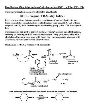 Reaction Review Substitution Of Alcohols Using Socl2 Pcl3 Pbr3 Studocu