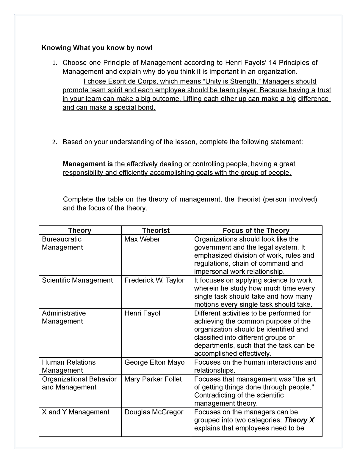 Principle Of Management I Chose Esprit De Corps Which Means Unity