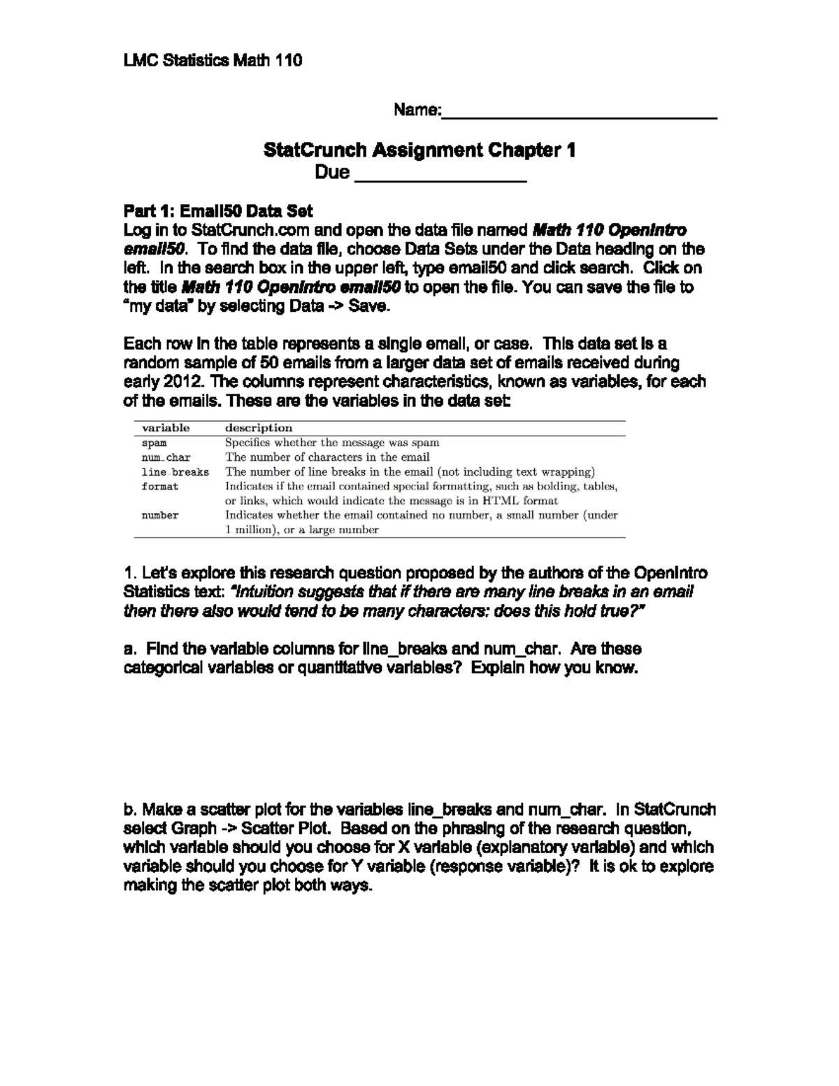 Statcrunch assignment chapter 1 - MATH-110 - Studocu