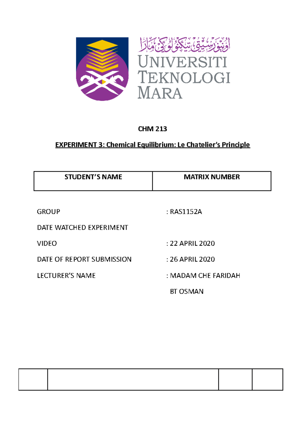 Dry lab 1 dry lab exp 1 chm 213 CHM 213 EXPERIMENT 3 Chemical Equilibrium Le Chatelier’s