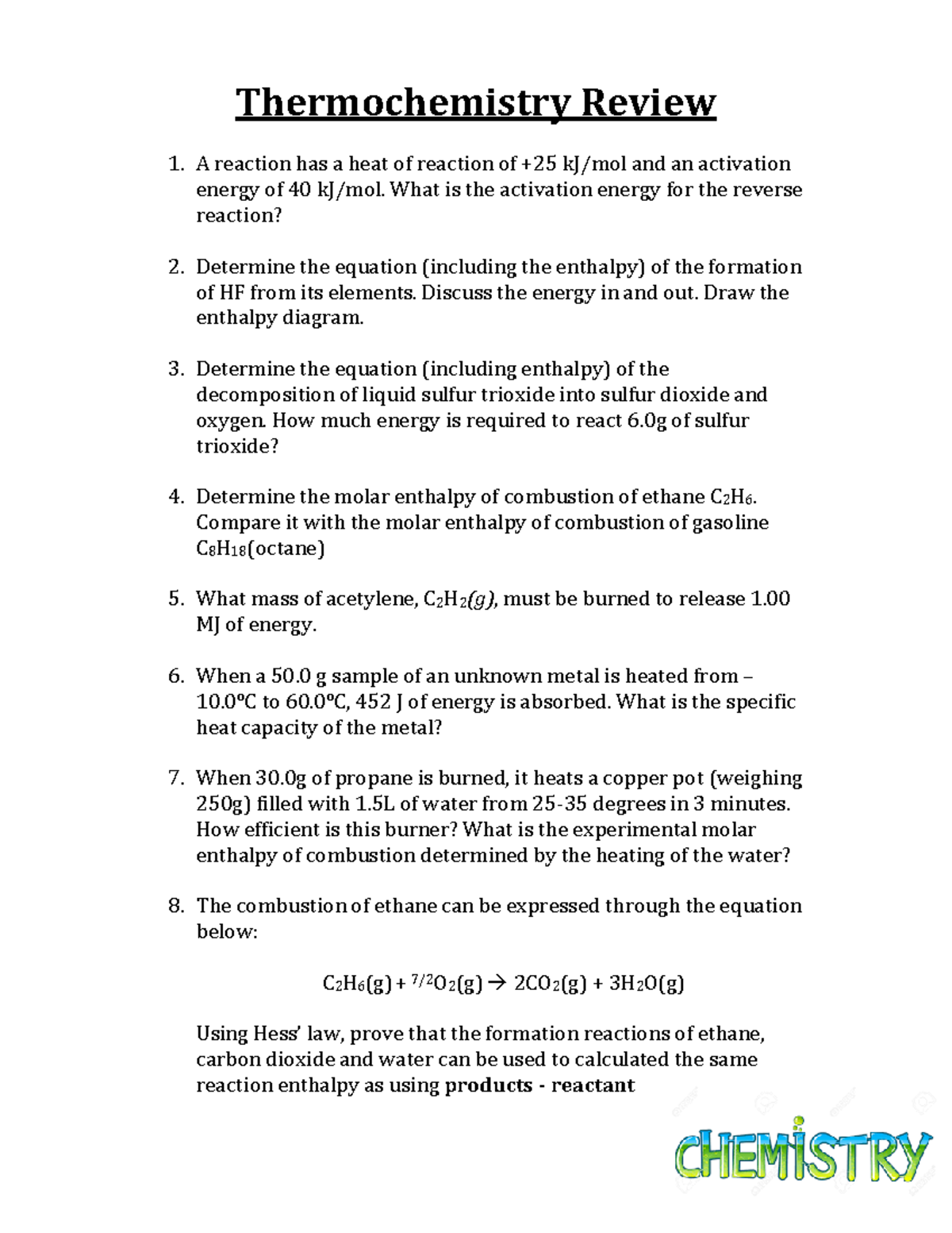 Unit AReview Questions And Key Thermochemistry Review 1. A reaction