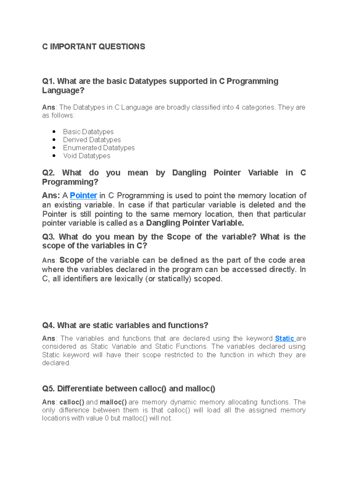 C Important Questions - C IMPORTANT QUESTIONS Q1. What are the basic ...