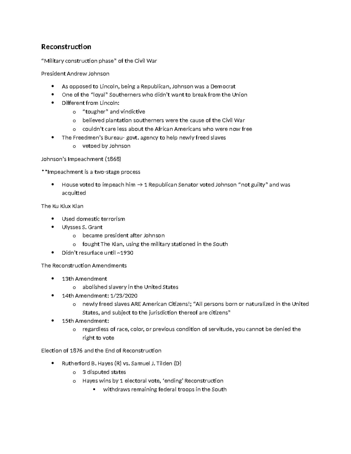 Reconstruction - Notes - Reconstruction “Military construction phase ...