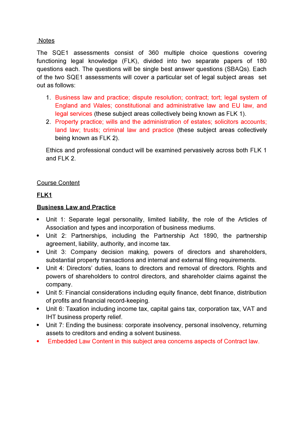 Specific Unit Breakdown - Notes The SQE1 Assessments Consist Of 360 ...