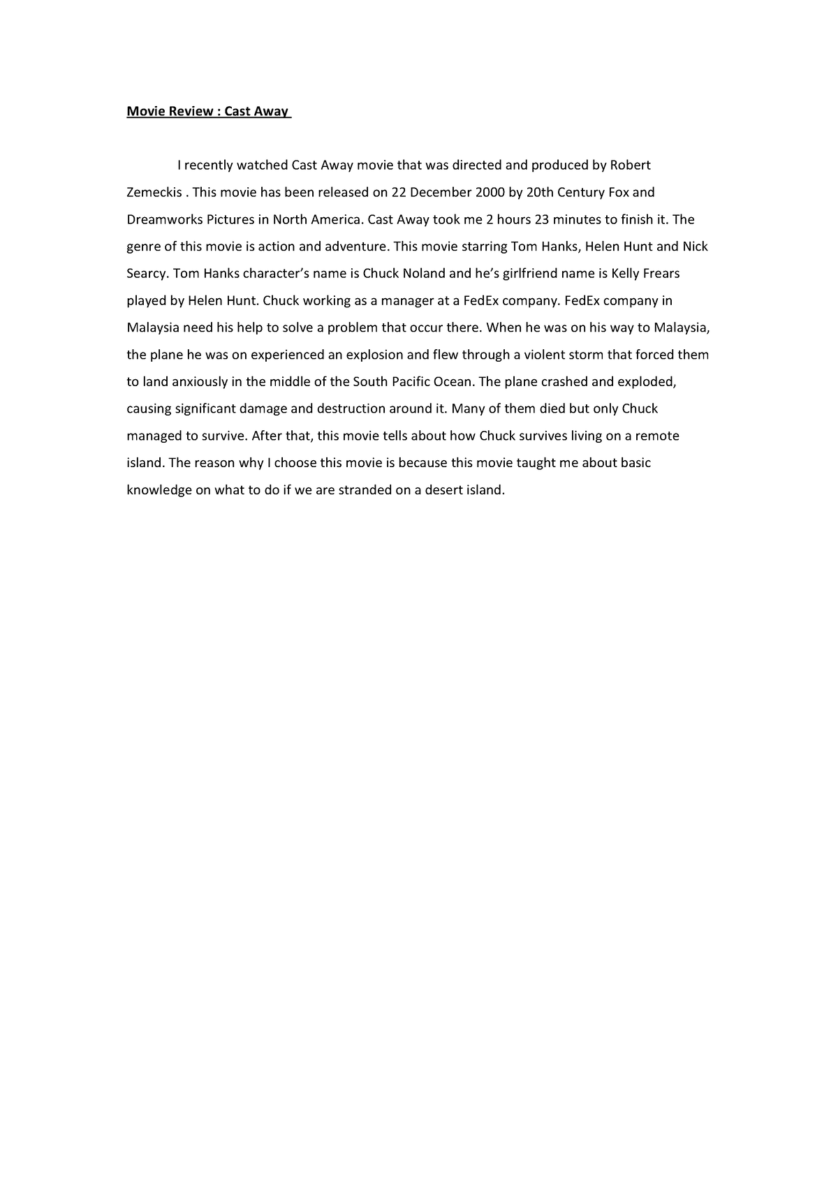 cast away movie review essay