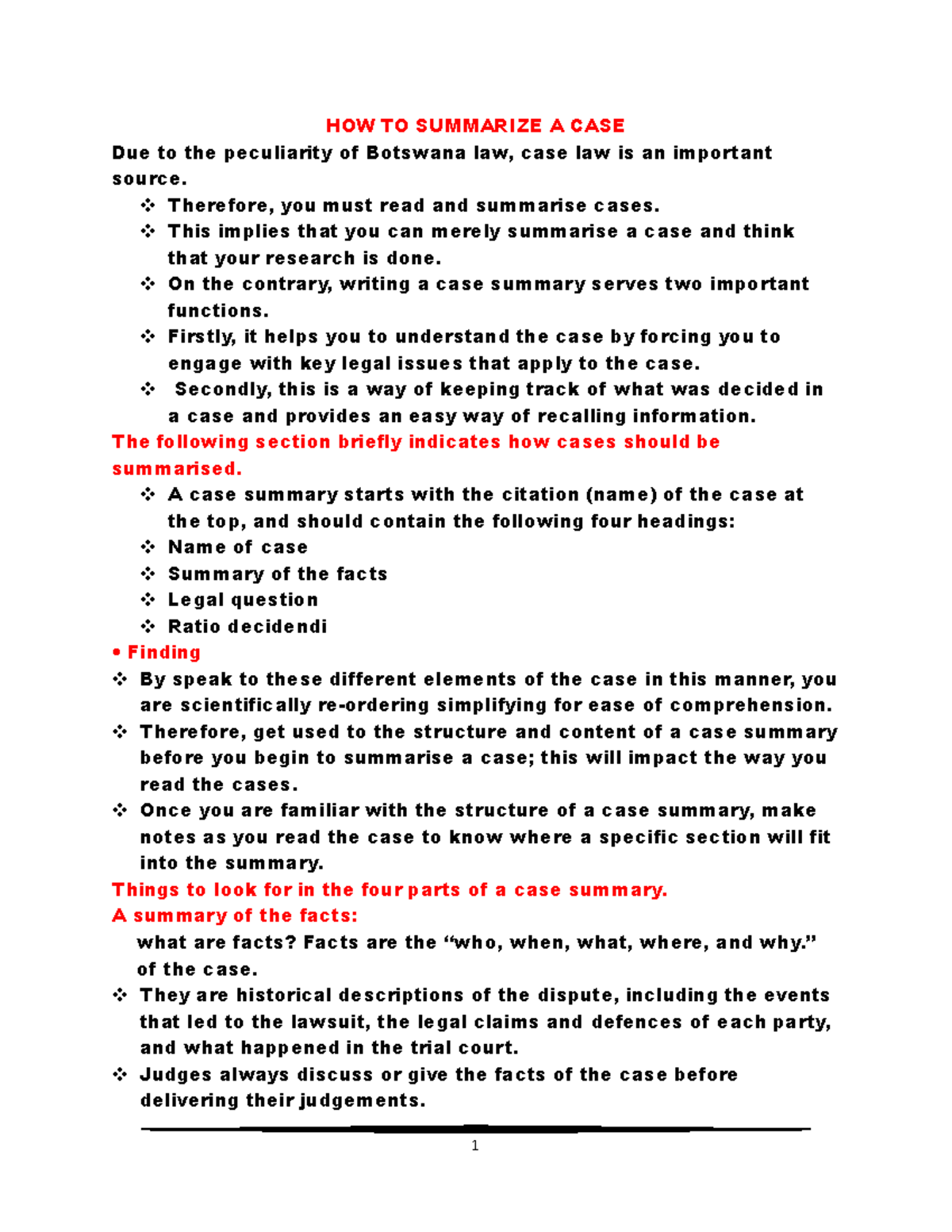Summarizing A CASE - qwerty - 1 HOW TO SUMMARIZE A CASE Due to the ...