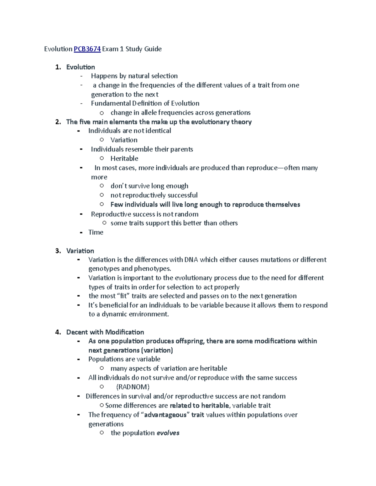 Study Guide 1 Evolution Professor: Tim theisen - Evolution PCB3674 Exam ...