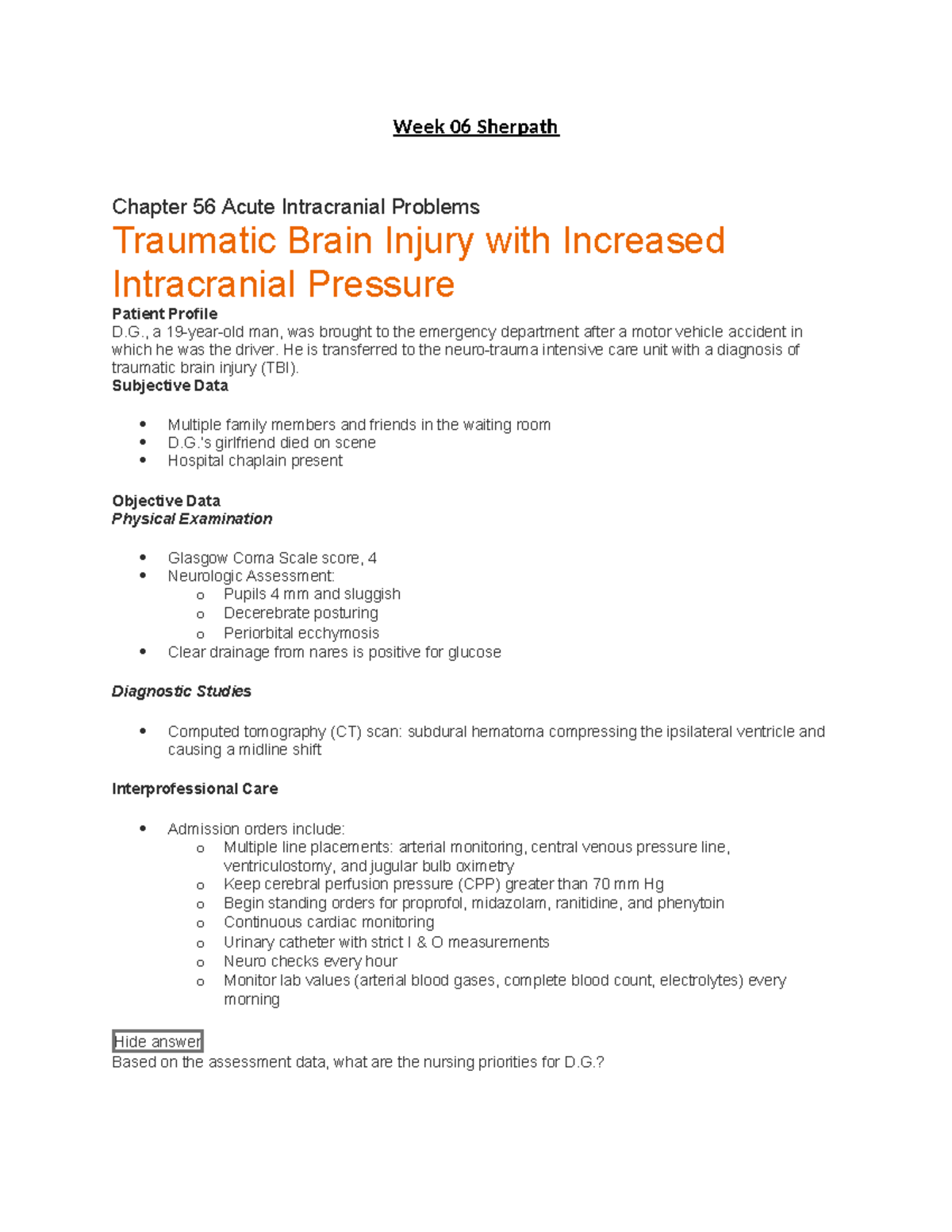 BSN 366 Sherpath Week 6 Exam Review - Week 06 Sherpath Chapter 56 Acute ...