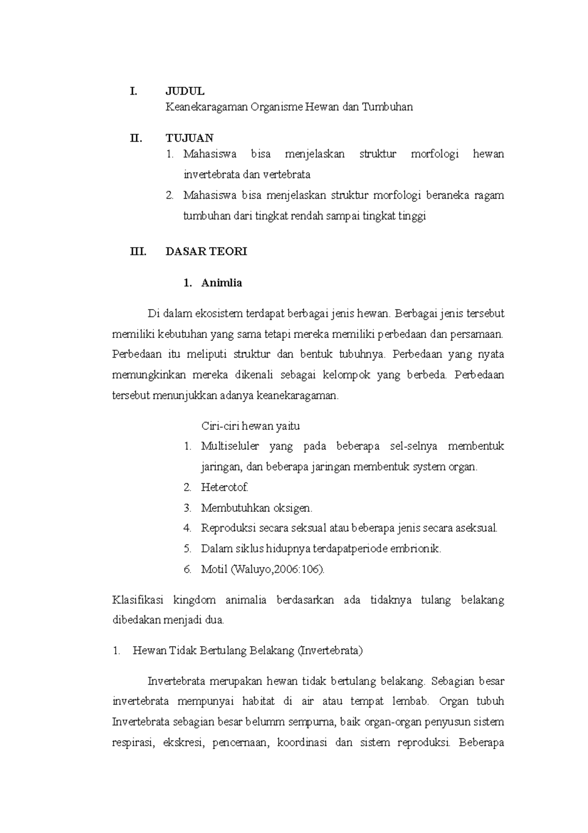 Laporan Praktikum Biologi Umum Keanekaragaman Organisme Hewan Dan ...