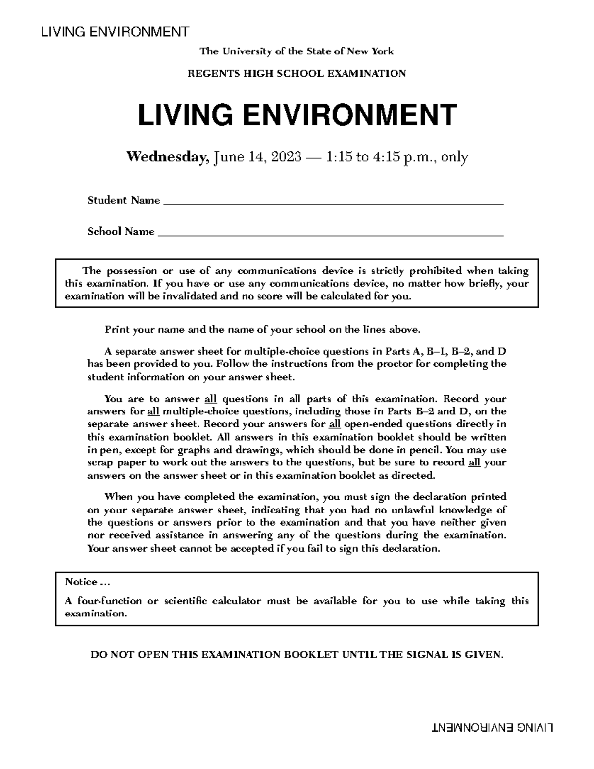 Regent exam cheat sheet - LIVING ENVIRONMENT LIVING ENVIRONMENT The ...