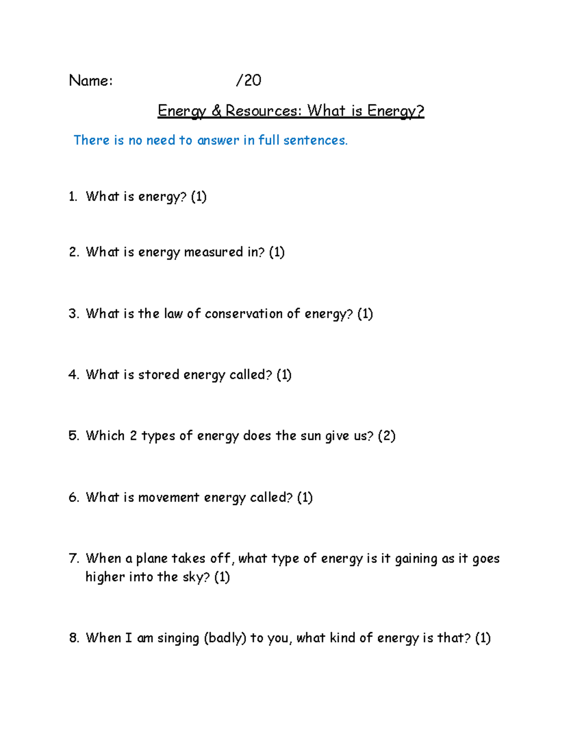 Year 7 Lesson 1 What is Energy worksheet - Name: / Energy & Resources ...