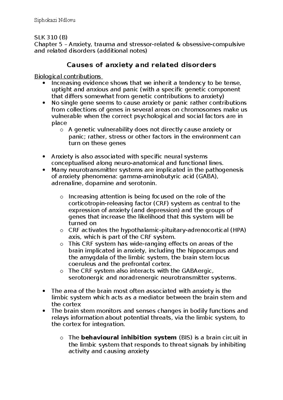 SLK 310 (B) - chapter 5 - SLK 310 (B) Chapter 5 – Anxiety, trauma and ...