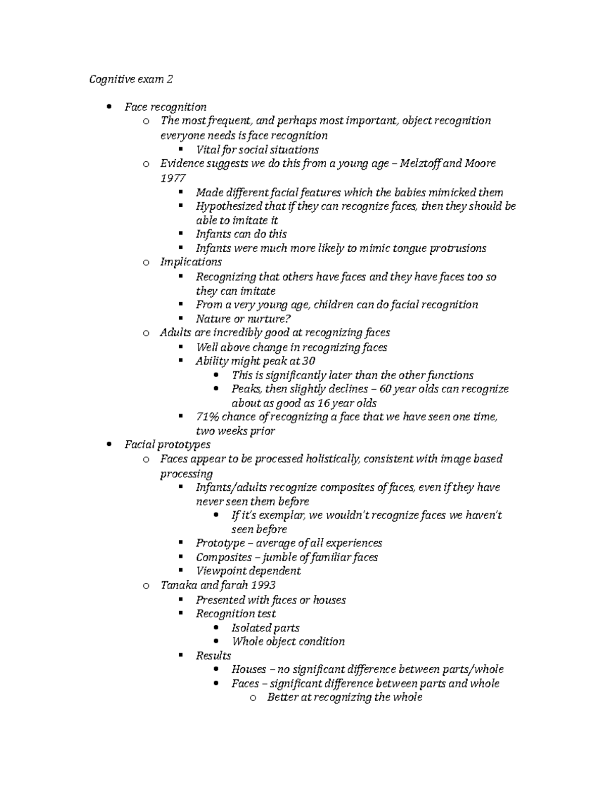 Cognitive exam 2 - Lecture notes 1-45 - Cognitive exam 2 Face ...