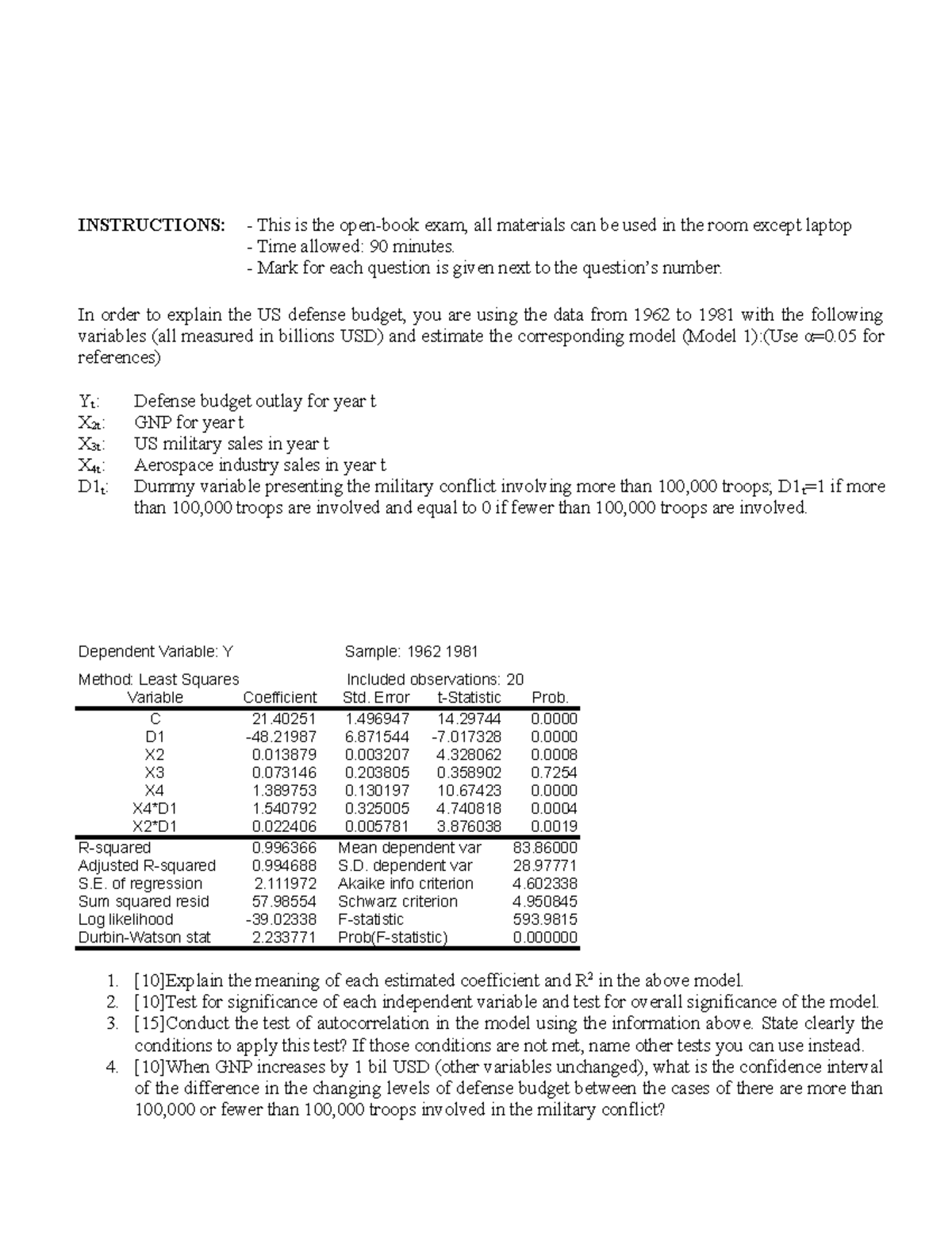 Econometrics Sample Test - INSTRUCTIONS: - This is the open-book exam ...