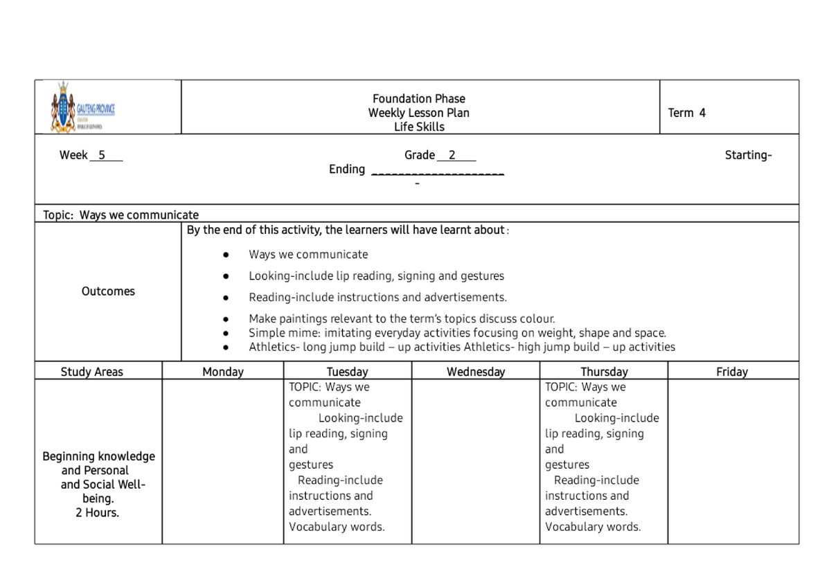 LIFE Skills Lesson Plans Grade 2 WEEK 5 3 Foundation Phase GAUTENG