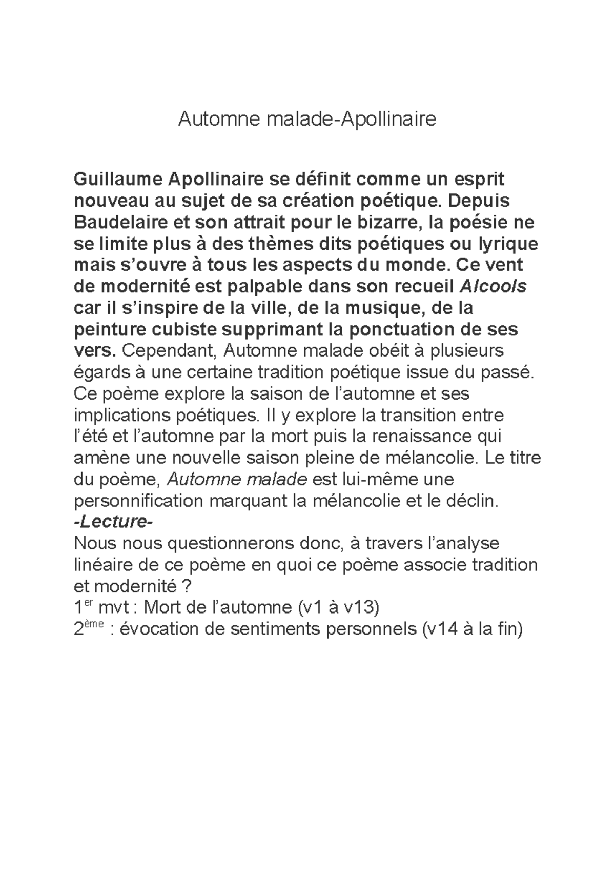 Lecture linéaire Automne malade Automne maladeApollinaire Guillaume