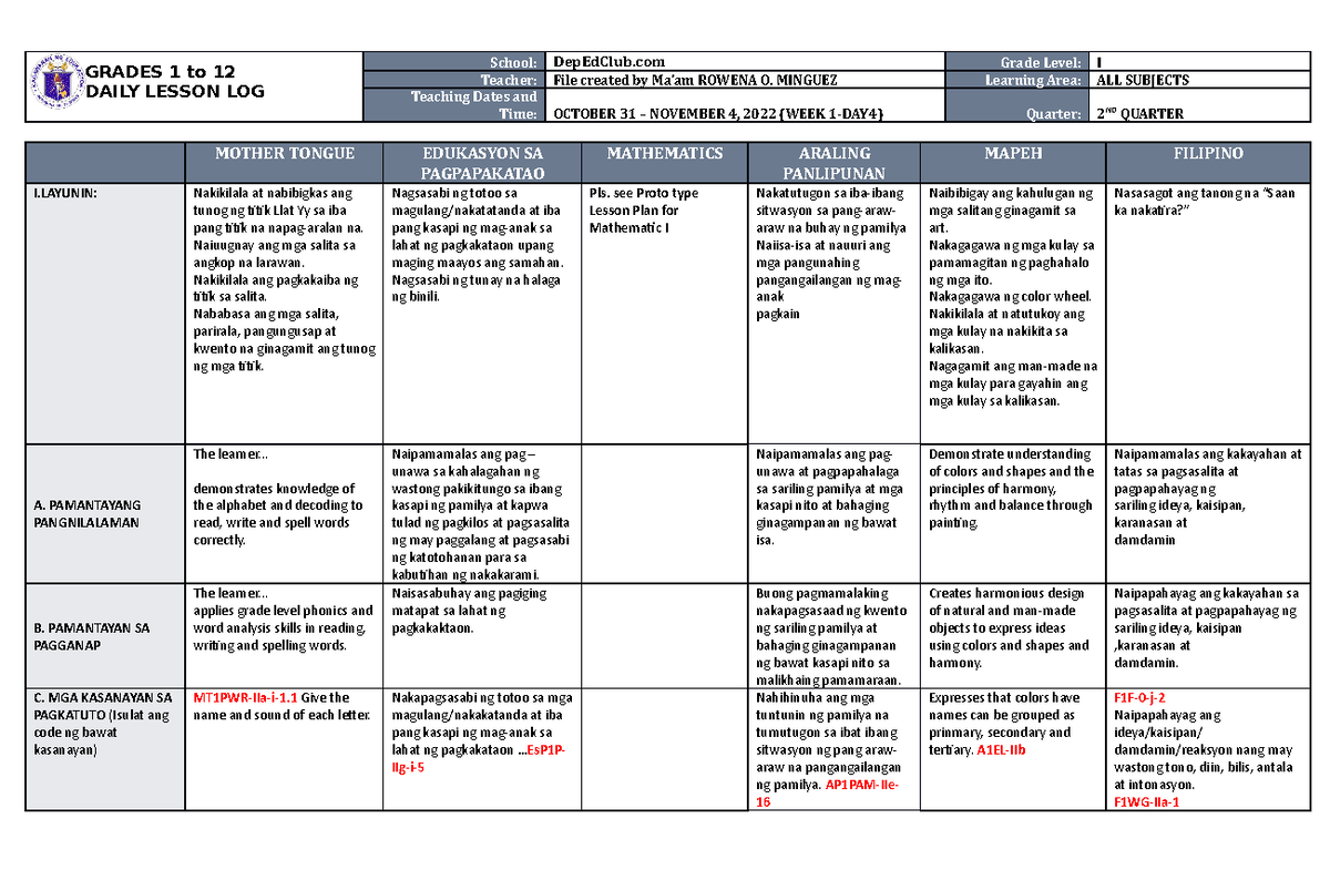 Dll All Subjects 1 Q2 W1 D4 Grades 1 To 12 Daily Lesson Log School Depedclub Grade Level I 7533