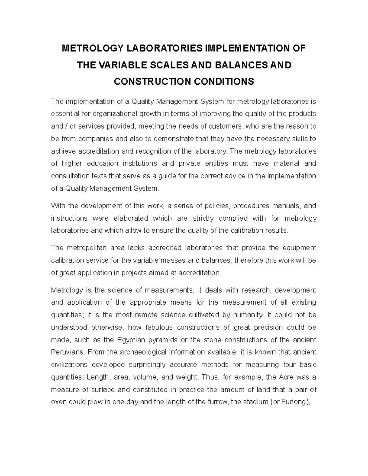 Metrology Laboratories Implementation OF THE Variable Scales AND