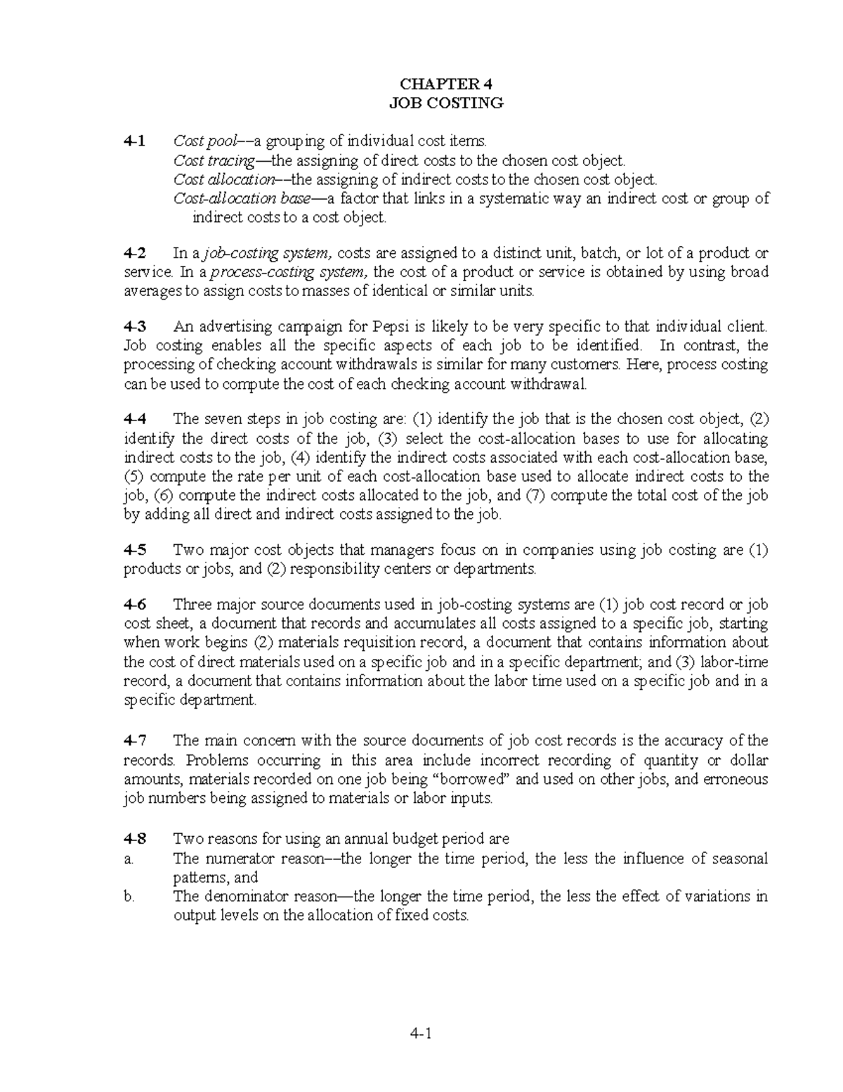 Cost Accounting Chapter 4 Notes - CHAPTER 4 JOB COSTING 4­1 Cost pool ...