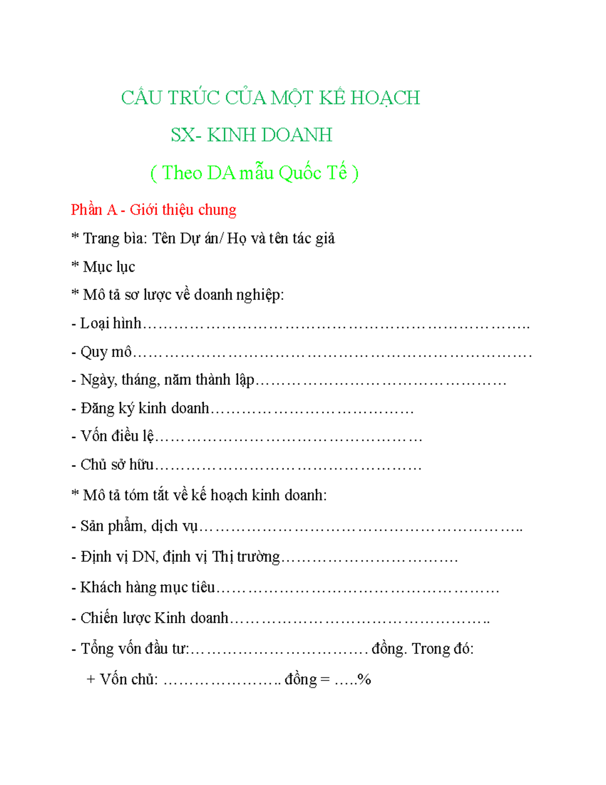3.Mẫu Cau truc du an kinh doanh - CẤU TRÚC CỦA MỘT KẾ HOẠCH SX- KINH ...