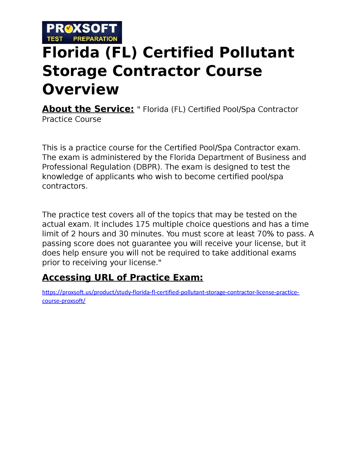 Florida (FL) Certified Pool/Spa Contractor Practice Course - The exam