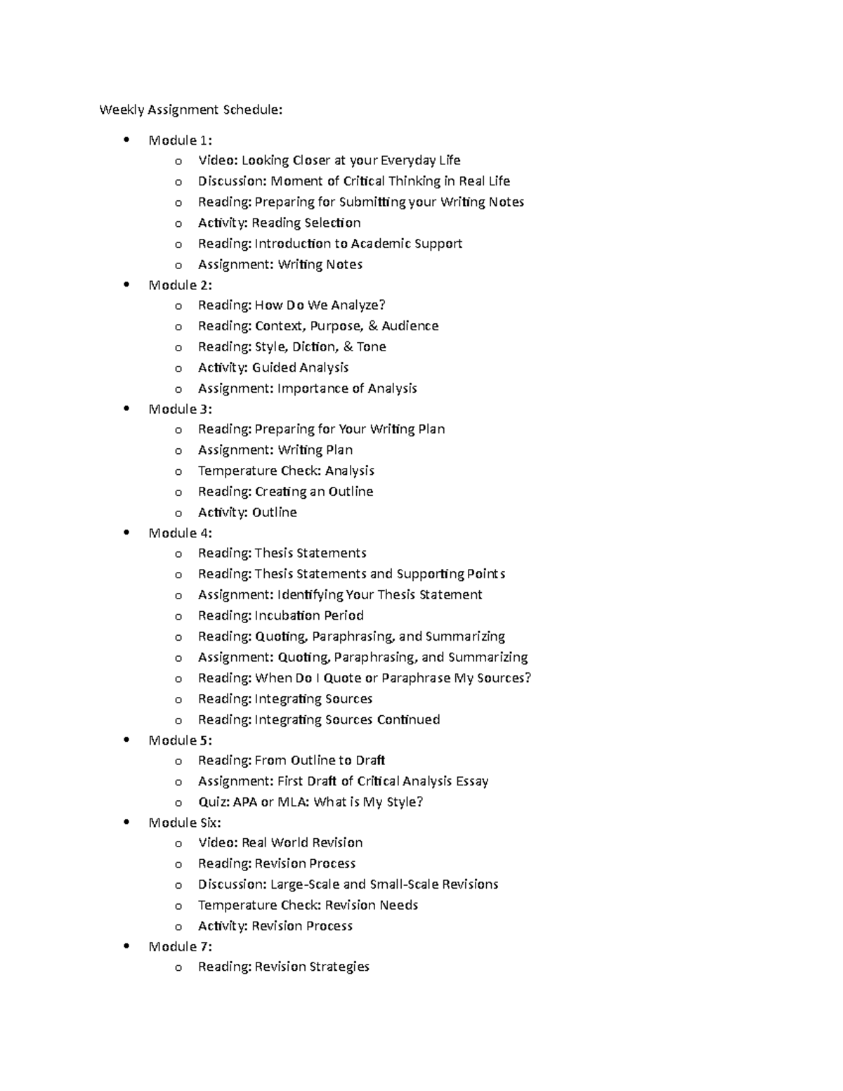Weekly Assignment Schedule - Studocu