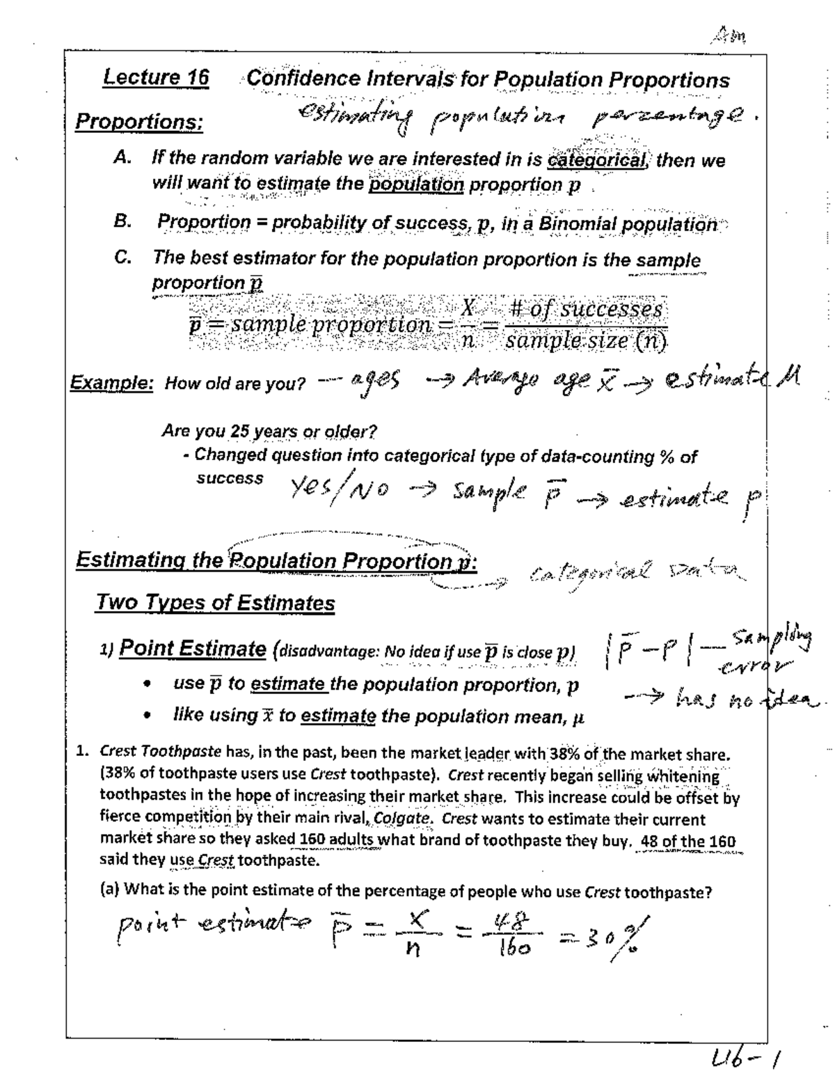 Lecture 16 Notes - confidence intervals for population proportion ...