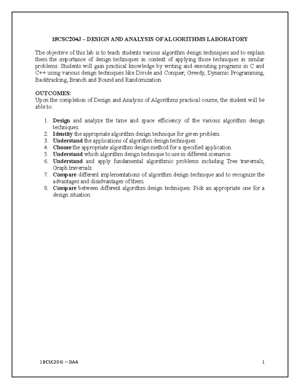 DAA Lab Manual 1 Dhdhdbd 18CSC204J DESIGN AND ANALYSIS OF ALGORITHMS LABORATORY The