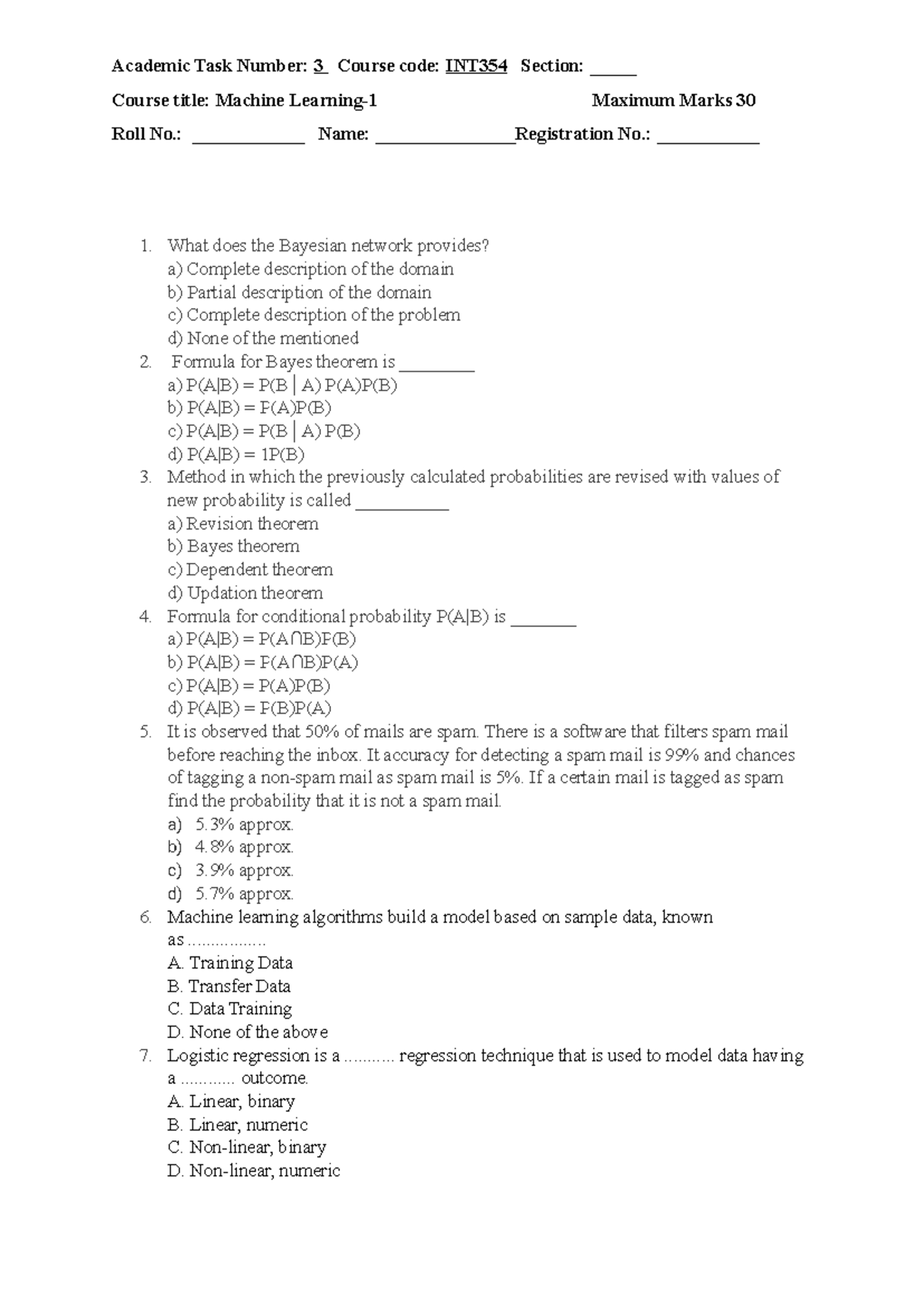 CA 3 ML set 1 - CA 3 questions on ML1 - Course title: Machine Learning ...