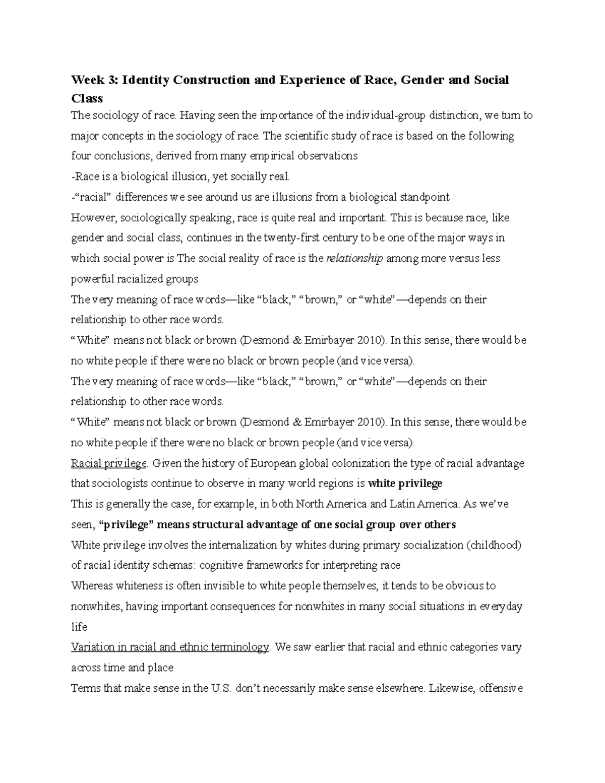 Week 3 Lecture Notes - Week 3: Identity Construction and Experience of ...