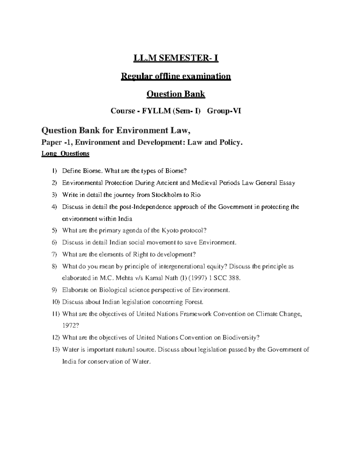 Question Bank Group VI Environment and Legal Order Paper 1 Environment ...
