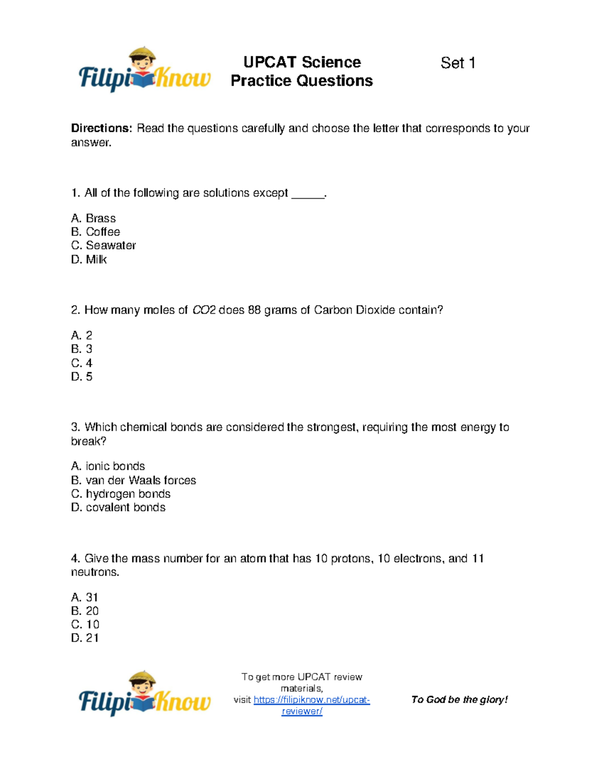 Upcat Science Practice Questions Set 1 - Practice Questions Set 1 To ...