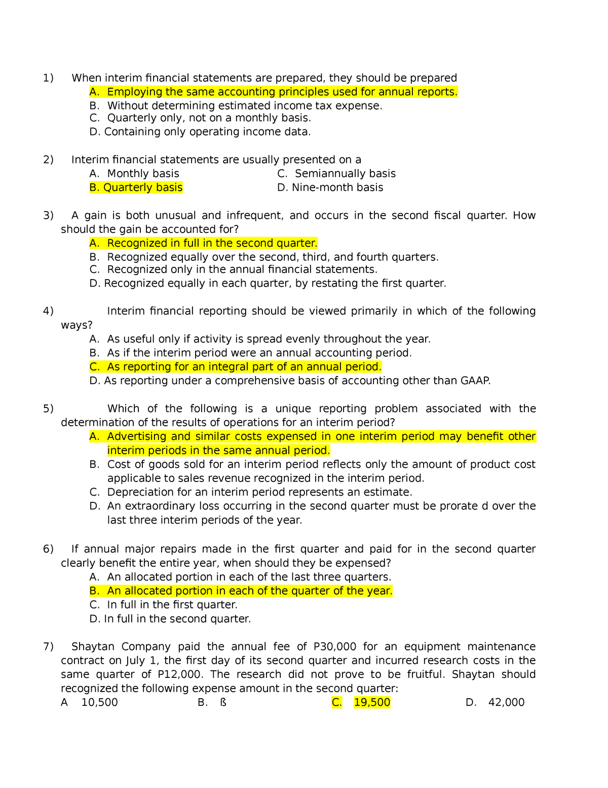 Interim Reporting Exercise When Interim Financial Statements Are 