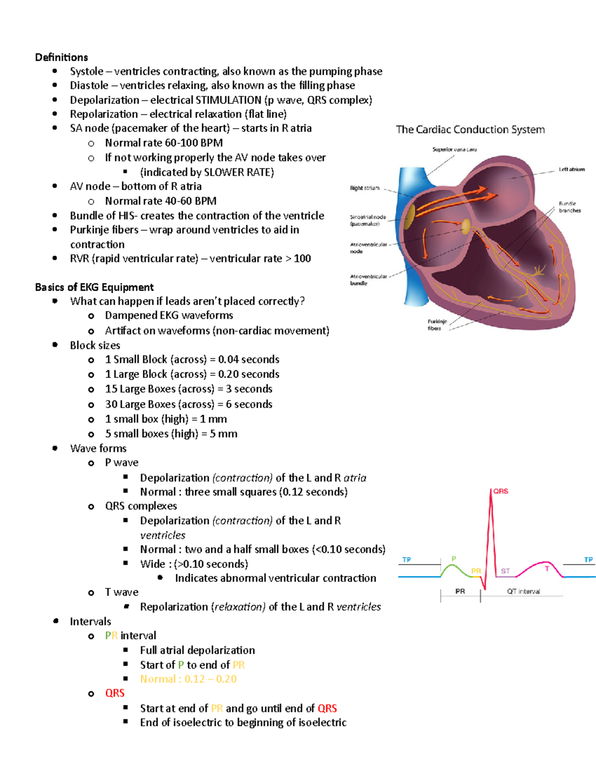 ECG Study Guide - ECG / EKG notes - Definitions Systole – ventricles ...