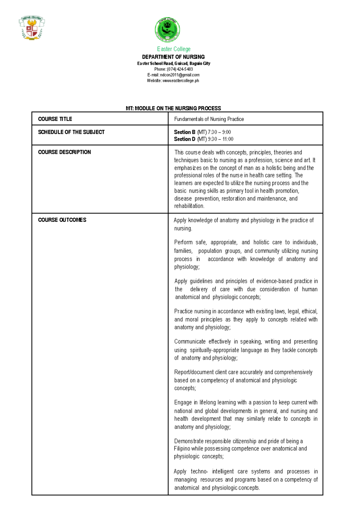 2024 NCM 103 NSG Process Adpie Module - Easter College DEPARTMENT OF ...