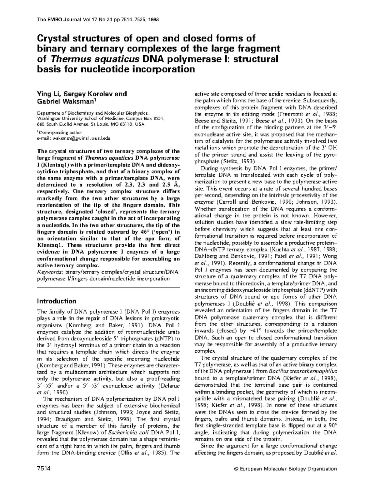 Paper on Klenow Fragment Structure - The EMBO Journal Vol No pp–7525 ...