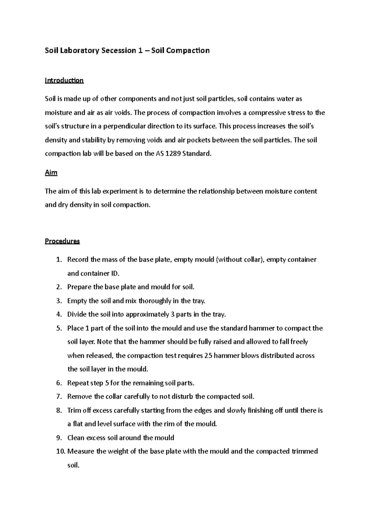 Lab 1 report for soil behaviour - Soil Laboratory Secession 1 – Soil ...