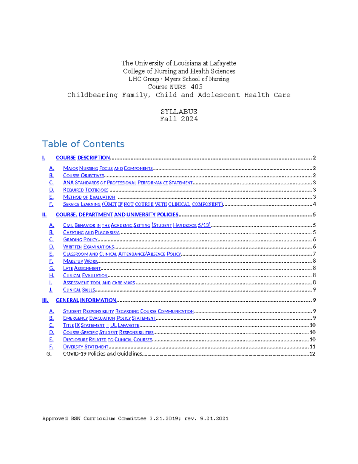 NURS403 Syllabus.Fa24 The University of Louisiana at Lafayette