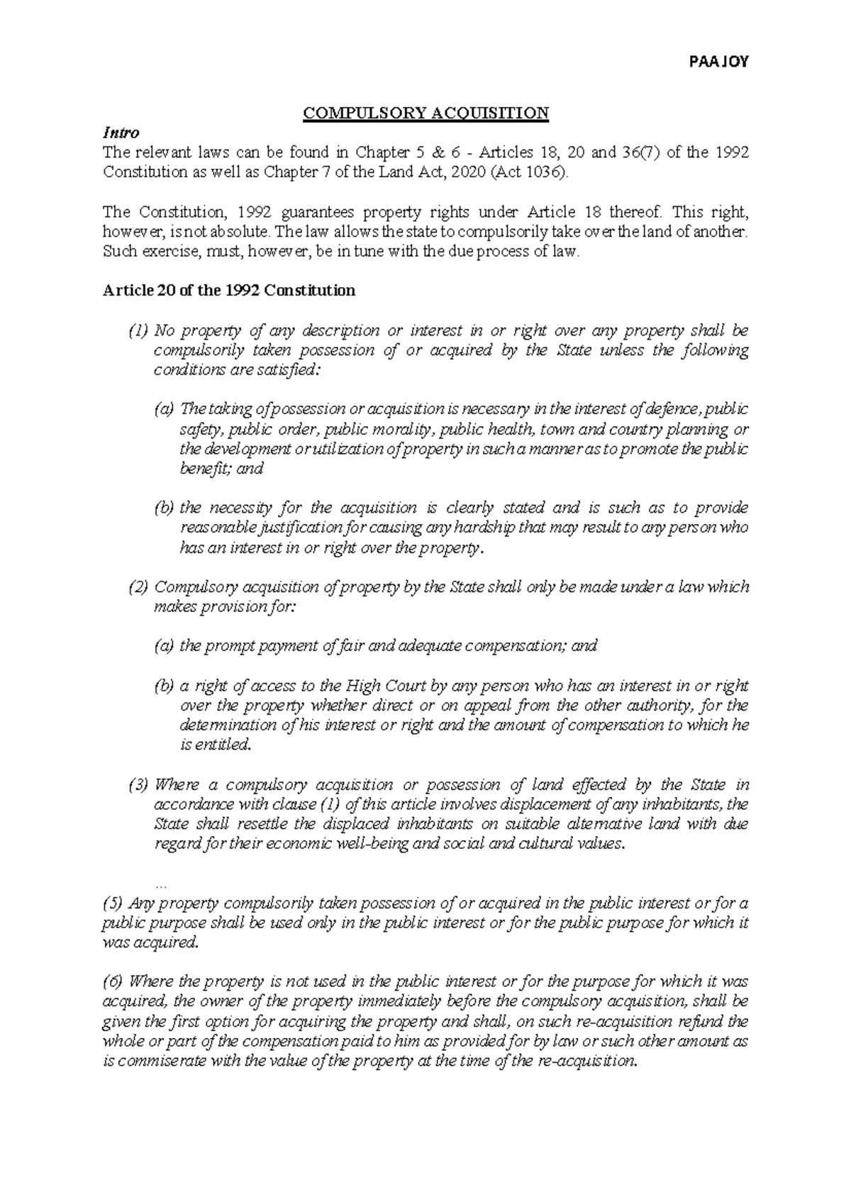 Compulsory Acquisition COMPULSORY ACQUISITION Intro The relevant laws