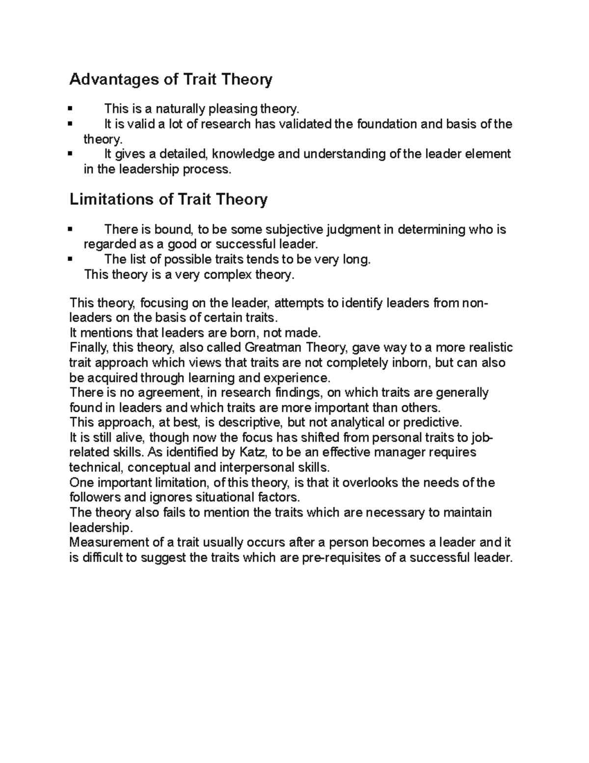 Prs ITM Early Theories Of Leadership Advantages Of Trait Theory