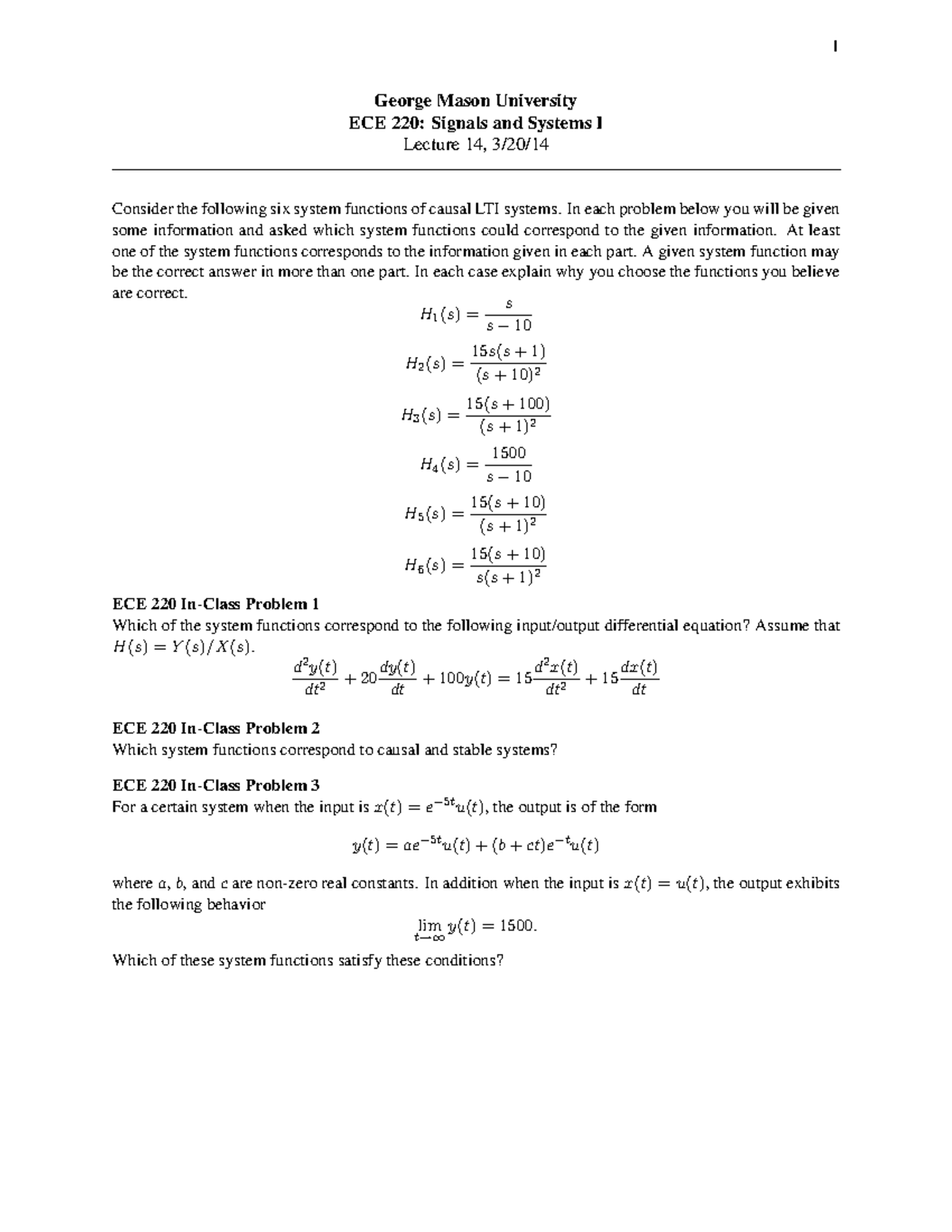 Problems In-class Lecture 14 - 1 George Mason University ECE 220 ...